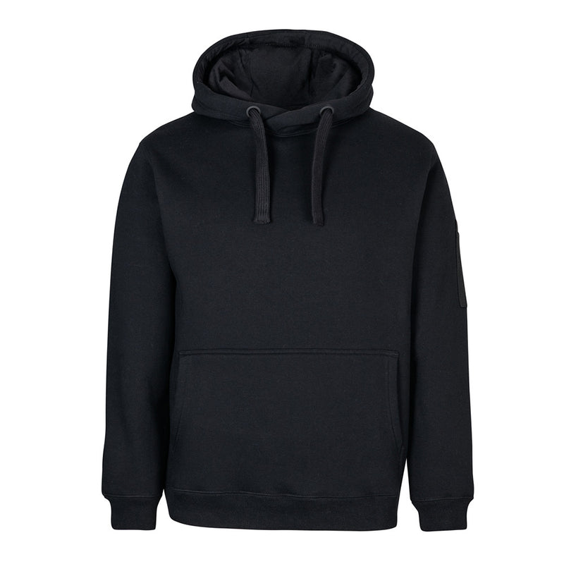 Load image into Gallery viewer, JB's 350gsm Trade Hoodie, featuring a fully lined hood with drawcord, kanga pocket, and pen pocket on sleeve, designed for durability and comfort with brushed fleece and ribbed hems.