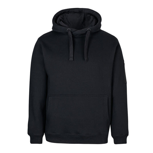 JB's 350gsm Trade Hoodie, featuring a fully lined hood with drawcord, kanga pocket, and pen pocket on sleeve, designed for durability and comfort with brushed fleece and ribbed hems.