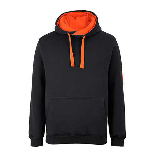 JB's 350gsm Trade Hoodie features a classic fit with a fully lined hood and drawcord, kanga pocket, and pen pocket, offering comfort and durability, ideal for active and safety-focused workplaces.
