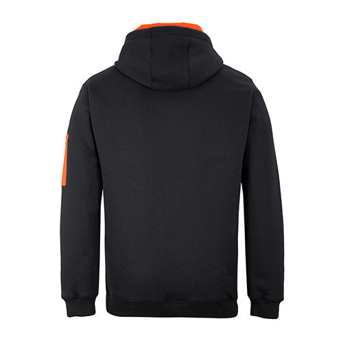 Load image into Gallery viewer, JB's 350gsm Trade Hoodie features a black design with distinctive orange accents, offering a classic fit and durability. It includes a fully lined hood, kanga pocket, and pen pocket, ideal for workplace safety.