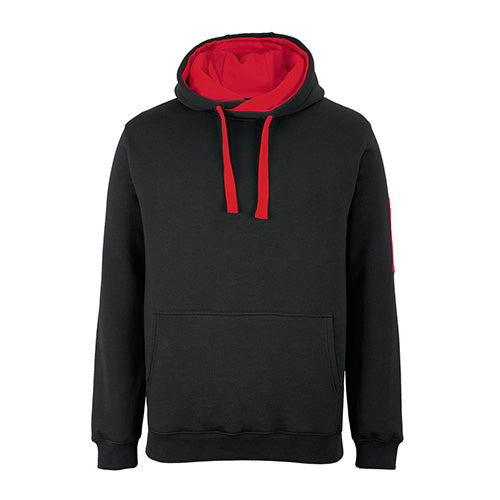 Load image into Gallery viewer, JB's 350gsm Trade Hoodie featuring a classic fit with a kanga pocket and pen pocket on the sleeve. Perfect for workwear, it includes a fully lined hood with drawcord for added functionality.