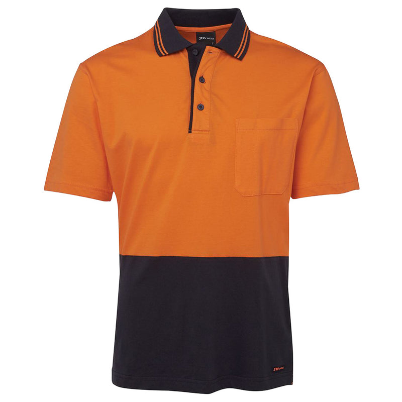 Load image into Gallery viewer, JB's Hi Vis Short Sleeve Cotton Polo, featuring a contrast striped collar, reinforced chest pocket with pen insert, and a straight hem with side splits, designed for safety and comfort.