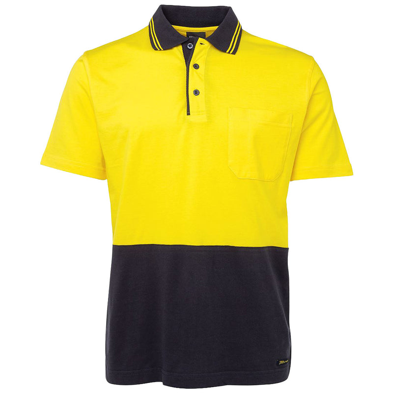 Load image into Gallery viewer, JB's Hi Vis Short Sleeve Cotton Polo features a classic fit with contrast striped collar and reinforced chest pocket. Ideal for safety, it meets UPF 50+ standards, perfect for workplace environments.