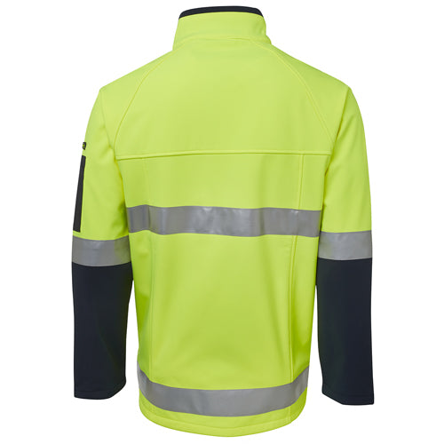 Load image into Gallery viewer, JB’s Hi Vis Day/Night Soft Shell Jacket featuring grey stripes, zippered side pockets, and adjustable hem; designed for durability and safety with waterproof, breathable fabric. Ideal for workplace protection.