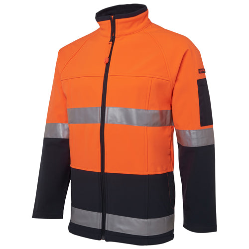 JB’s Hi Vis Day/Night Soft Shell Jacket featuring reflective stripes, visible outerwear design with zippered hand pockets, and contrast dust panels, ideal for safety and durability in workplace environments.