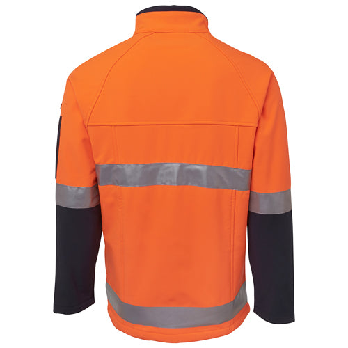 Load image into Gallery viewer, JB’s Hi Vis Day/Night Soft Shell Jacket showcasing reflective stripes and a back view, featuring durable polyester, stretch elastane, zipped pockets, and adjustable hem, ideal for workplace safety and visibility.