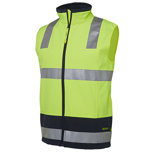 JB's Hi Vis Day/Night Soft Shell Vest featuring grey reflective stripes, designed for durability and safety. Includes zippered hand pockets and internal mobile pocket, ideal for workplace safety.