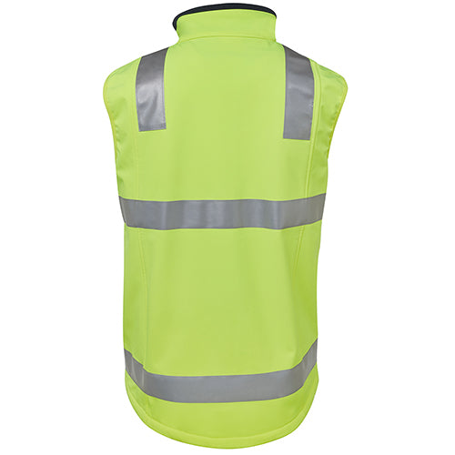 Load image into Gallery viewer, JB's Hi Vis Day/Night Soft Shell Vest features reflective stripes, side seam zip pockets, and an internal mobile pocket, designed for durability and safety, ideal for workplace environments.