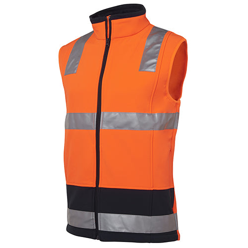 JB's Hi Vis Day/Night Soft Shell Vest featuring reflective stripes, designed for enhanced visibility. This durable vest includes zippered side pockets and an adjustable hem, ideal for safety-conscious environments.