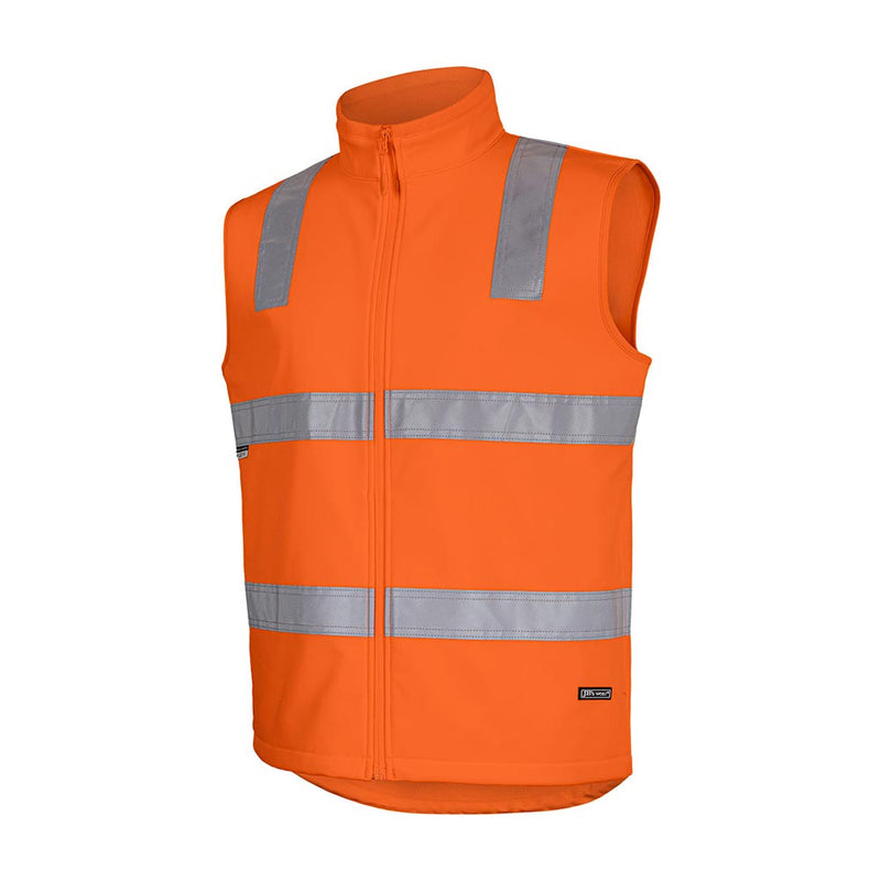 Load image into Gallery viewer, JB's Hi Vis Day/Night Soft Shell Vest in bright orange features reflective striping for visibility, durable polyester-elastane blend, zip-front, waterproof design, and adjustable drawcord, ideal for safety-conscious workplaces.