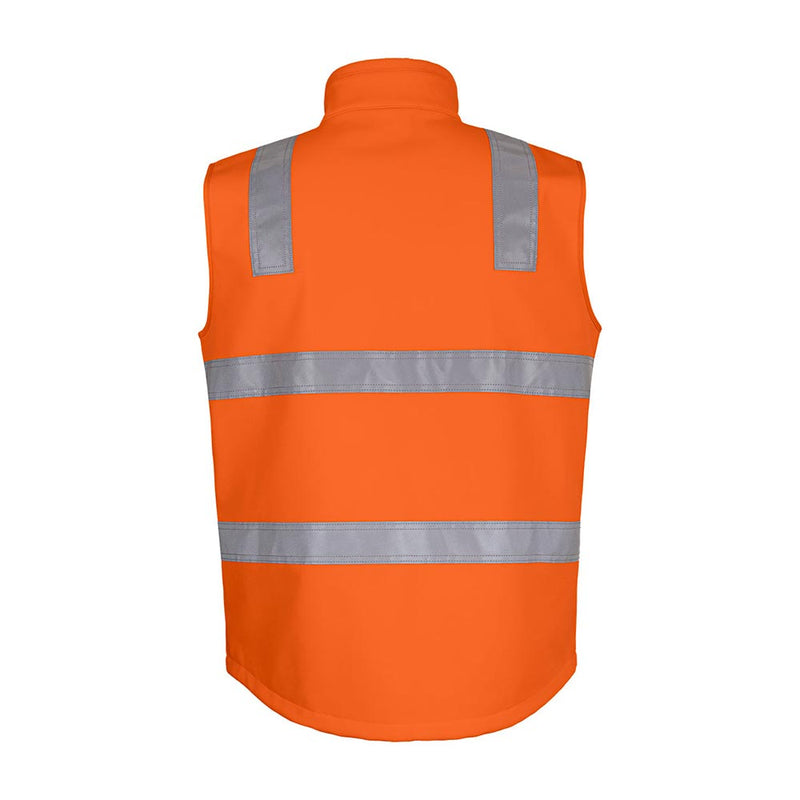 Load image into Gallery viewer, JB's Hi Vis Day/Night Soft Shell Vest features a bright orange back with dual horizontal and vertical reflective stripes, enhancing visibility. Ideal for safety, it includes zippered pockets and an adjustable hem.