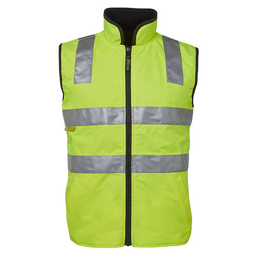 JB's Hi Vis Day Night Reversible Vest with reflective stripes, featuring a waterproof polyester shell, fleece liner, and front pockets, ideal for workplace safety, aligning with Active Safety's high-visibility clothing offerings.