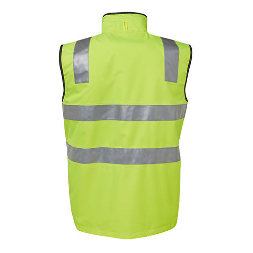 JB's Hi Vis Day Night Reversible Vest, featuring grey reflective stripes, is designed for optimal visibility. Ideal for safety, it includes front pockets and complies with day and night safety standards.