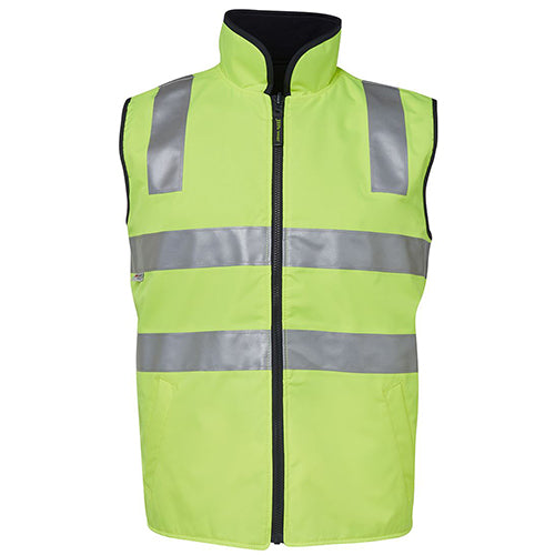 Load image into Gallery viewer, JB's Hi Vis Day Night Reversible Vest features a yellow design with reflective grey stripes, offering high visibility. Ideal for safety, it includes front pockets and an embroidery zipper, meeting safety standards.