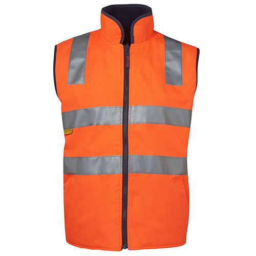 JB's Hi Vis Day Night Reversible Vest featuring reflective stripes and black trim, includes a close-up of the zipper. Ideal for safety, complying with AS/NZS standards, and perfect for work environments.