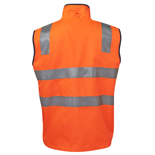 JB's Hi Vis Day Night Reversible Vest, featuring a back view with reflective orange and grey stripes, ideal for workwear. Designed with a waterproof polyester shell and polar fleece liner for enhanced safety.