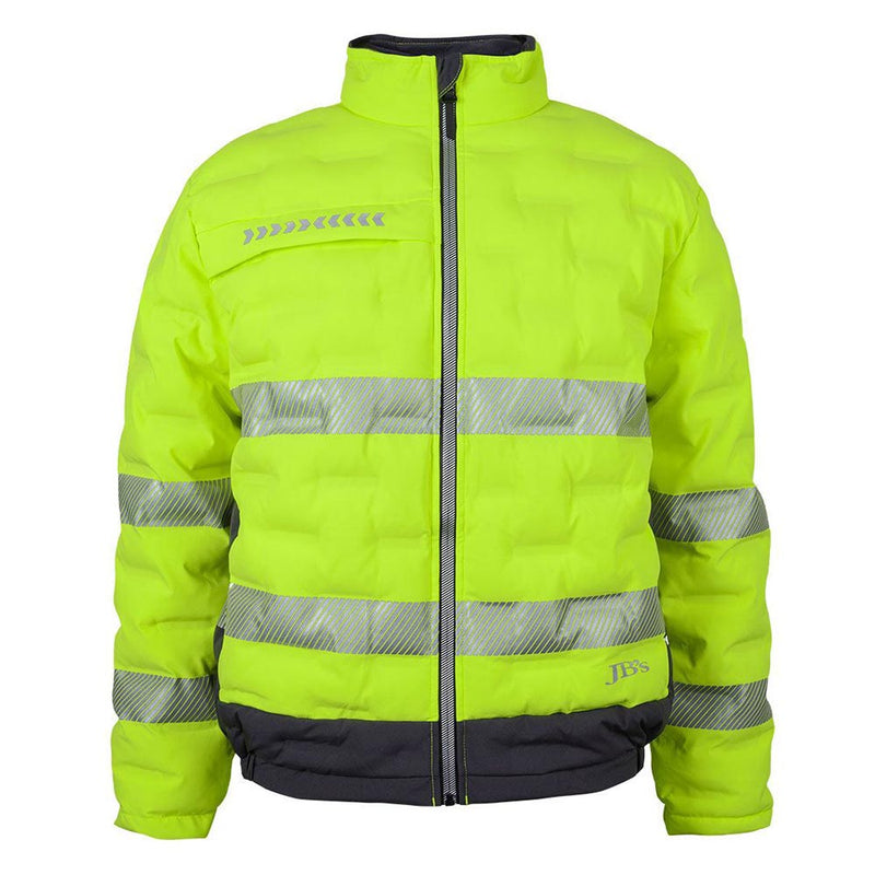 Load image into Gallery viewer, JB’s Hi Vis Day/Night Graphene Puffer Jacket features a fluorescent yellow-green quilted shell with reflective silver bands, a stand-up collar, zip closure, and multiple zippered pockets, ideal for safety and insulation.