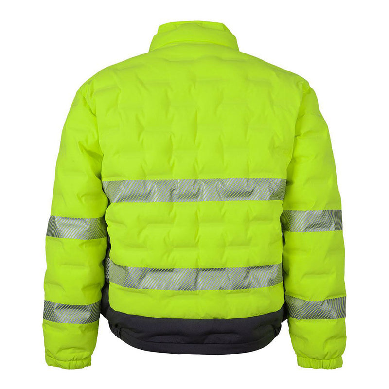 Load image into Gallery viewer, JB’s Hi Vis Day/Night Graphene Puffer Jacket features a fluorescent yellow-green back with two horizontal reflective stripes and segmented sleeve stripes, ensuring visibility. The jacket's dark trim enhances durability and style.