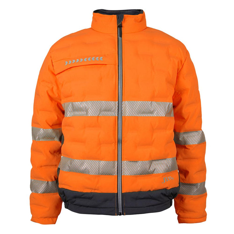 Load image into Gallery viewer, JB’s Hi Vis Day/Night Graphene Puffer Jacket features a bright orange design with segmented reflective strips, a front zipper, and a stand-up collar, perfect for enhanced visibility and warmth in cold, active environments.