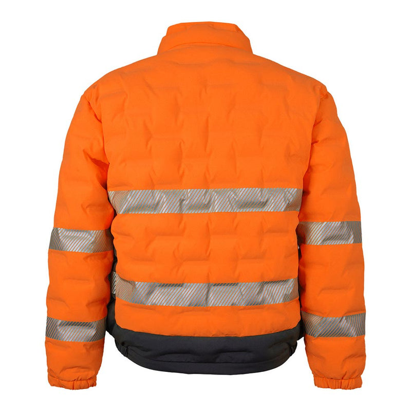 Load image into Gallery viewer, JB’s Hi Vis Day/Night Graphene Puffer Jacket, a bright-orange quilted winter coat, features reflective bands for visibility, ideal for cold-weather work. It includes zip pockets and an ID holder.