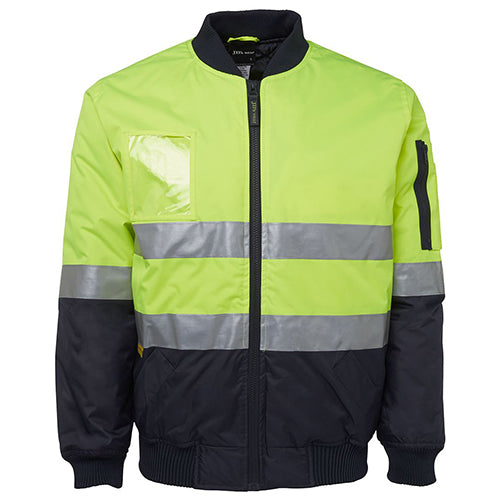 Load image into Gallery viewer, JB's Hi Vis Taped Bomber Jacket features a high-visibility design with grey stripes, showcasing its waterproof and safety compliance. Ideal for workplace safety, it includes multiple pockets and a quilted lining for warmth.