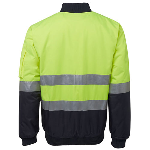 Load image into Gallery viewer, JB's Hi Vis Taped Bomber Jacket featuring reflective stripes, quilted lining for warmth, multiple pockets, and a nylon zipper, designed for high visibility and safety compliance in workplace environments.