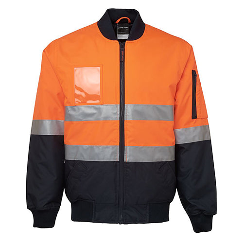 Load image into Gallery viewer, JB's Hi Vis Taped Bomber Jacket features reflective stripes, a sleeve pocket, and a chunky knitted rib collar, epitomizing durable outerwear for safety and visibility, ideal for workplace environments.