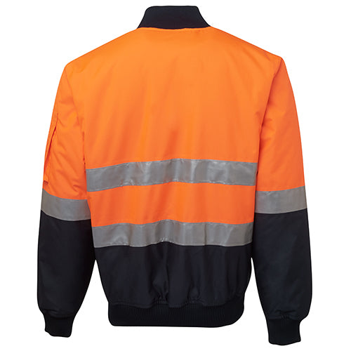 Load image into Gallery viewer, JB's Hi Vis Taped Bomber Jacket with reflective stripes features a quilted lining, multiple pockets, and a nylon zipper, ensuring safety and warmth for active work environments.