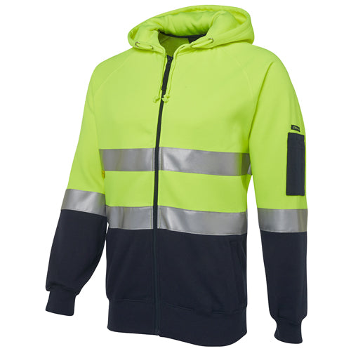 JB’s Hi Vis Day Night Fleece Zip Hoodie, featuring reflective stripes, ribbed sleeve cuffs, and a drawcord hood. Includes front and sleeve pen pockets, crafted for durability and comfort in workwear settings.