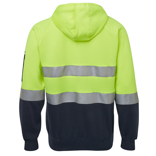 JB’s Hi Vis Day Night Fleece Zip Hoodie features reflective stripes, a hood with drawcord, and two front pockets, ideal for safety-focused environments. Designed for durability and comfort with polyester and cotton blend.