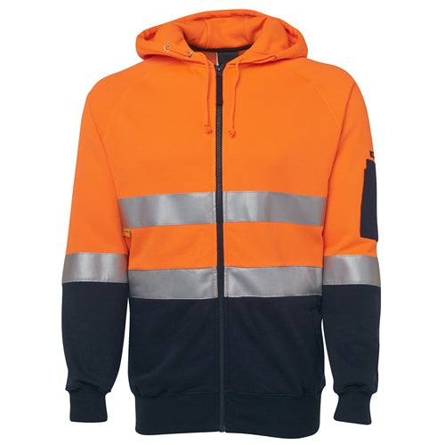 JB’s Hi Vis Day Night Fleece Zip Hoodie features reflective stripes, hood with drawcord, and ribbed cuffs, ideal for safety and comfort. Designed with two front pockets and a sleeve pen pocket.