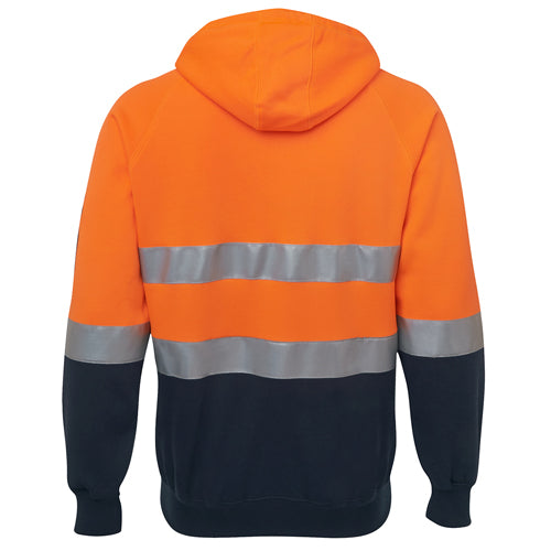Load image into Gallery viewer, JB's Hi Vis Day Night Fleece Zip Hoodie featuring reflective stripes, a durable ribbed sleeve cuff, and practical pockets, ideal for safety-conscious professionals needing visibility and comfort in various work environments.