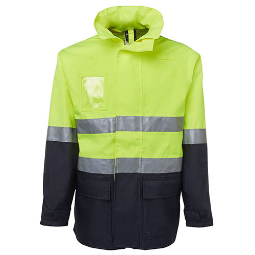 Load image into Gallery viewer, JB's Hi Vis Long Line Taped Rain Jacket features reflective stripes and a concealed hood, designed for durability and safety in harsh conditions, ideal for workwear and high-visibility requirements.