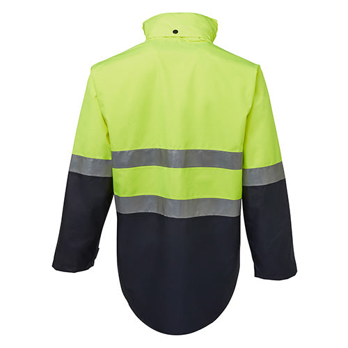 Load image into Gallery viewer, JB's Hi Vis Long Line Taped Rain Jacket features a yellow and black design with grey stripes, long-line styling, and a concealed hood, ideal for safety and weather protection.
