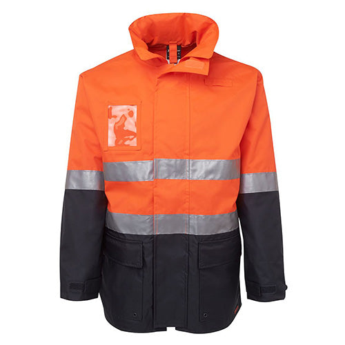 Load image into Gallery viewer, JB's Hi Vis Long Line Taped Rain Jacket features reflective stripes and a concealed hood, designed for high visibility and waterproof protection, ideal for safety and workwear.