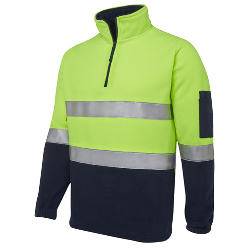JB’s Hi Vis Half Zip Taped Polar Fleece features reflective stripes, a high-visibility design with contrast panels, and practical pockets, ideal for safety-conscious environments.