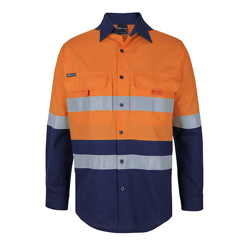 JB’s Hi Vis Taped L/S Ripstop Work Shirt featuring long sleeves with reflective stripes, double front pockets with pen insert, and a wide back yoke with concealed mesh for ventilation, ideal for workplace safety.