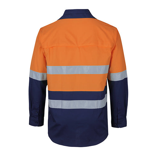 Load image into Gallery viewer, JB’s Hi Vis Taped L/S Ripstop Work Shirt features a wide back yoke with concealed mesh and reflective tape across the body, designed for optimal safety and comfort in workplace settings.