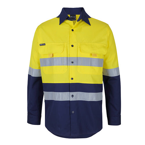 JB’s Hi Vis Taped L/S Ripstop Work Shirt featuring a classic fit, reflective stripes, double front pockets with button-down flaps, and a two-piece collar designed for safety and comfort.
