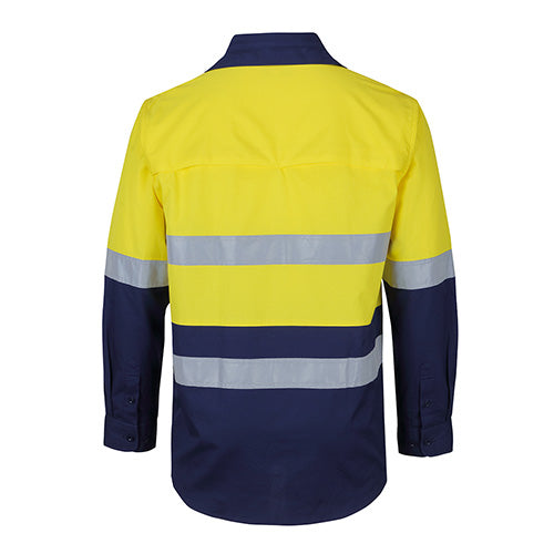 Load image into Gallery viewer, JB’s Hi Vis Taped L/S Ripstop Work Shirt features reflective tape across the body and sleeves, designed for safety. It includes a wide back yoke, double front pockets, and cooling gussets, ideal for workplace safety.