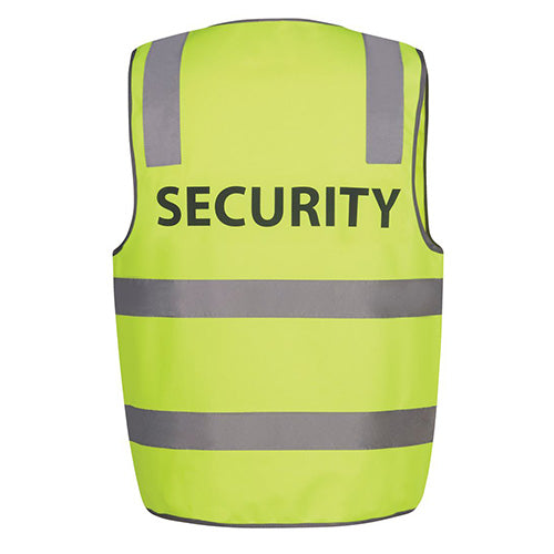 JB's SECURITY Hi Vis Day/Night Safety Vest features reflective grey stripes, SECURITY printed on the back, and a front flap with Hook-Pile Tape closure, ideal for workplace safety and visibility.