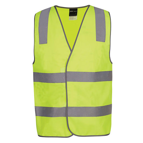 JB's SECURITY Hi Vis Day/Night Safety Vest features reflective grey stripes, SECURITY on the back, and a front flap closure. Made from durable polyester, it meets safety standards for visibility.