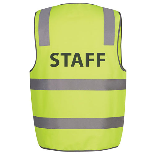 Load image into Gallery viewer, JB's STAFF Hi Vis Day/Night Safety Vest featuring reflective grey stripes, STAFF printed on the back, and a front flap with Hook-Pile Tape closure. Designed for visibility and durability in workplace environments.
