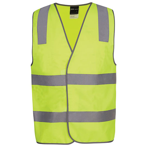 JB's STAFF Hi Vis Day/Night Safety Vest featuring reflective grey stripes and STAFF printed on the back. Designed with a front flap closure and contrast grey binding for enhanced visibility and durability.