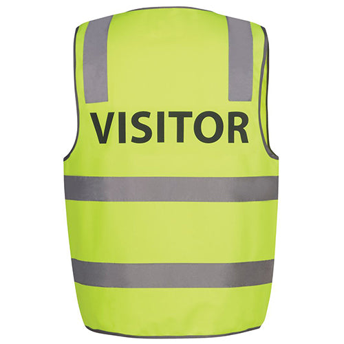 JB's VISITOR Hi Vis Day/Night Safety Vest features a yellow reflective design with grey stripes, black VISITOR text on the back, and a front flap closure, ideal for workplace safety.