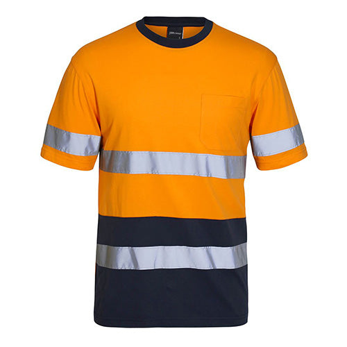 JB's Cotton Day/Night Taped T-Shirt, featuring bold stripes, offers 100% cotton comfort with UPF 50+ protection, designed for active safety and visibility in work environments.