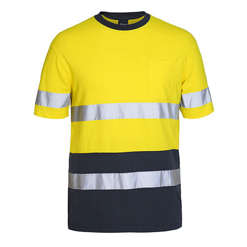 JB's Cotton Day/Night Taped T-Shirt features yellow and black reflective stripes, designed for safety compliance. Ideal for active work environments, it combines comfort with a straight hem and side splits.
