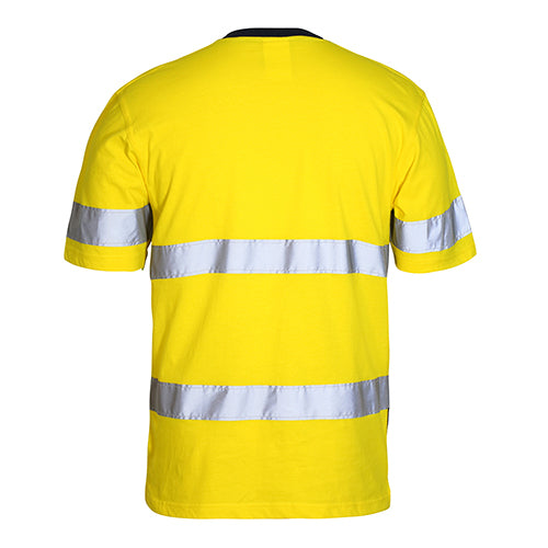 Load image into Gallery viewer, JB's Cotton Day/Night Taped T-Shirt featuring reflective stripes for enhanced visibility, designed for safety with UPF 50+ protection. Ideal for active work environments, offering comfort and compliance with safety standards.