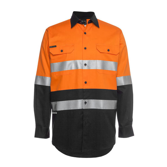 JB's Hi Vis 150gsm Taped L/S Work Shirt features long sleeves, silver stripes for visibility, and button-down front pockets. Designed for safety and comfort, it complies with multiple safety standards.