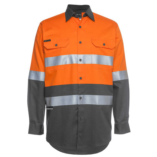 JB's Hi Vis 150gsm Taped L/S Work Shirt with long sleeves, featuring a wide neck yoke and two front button-down pockets, designed for durability and safety compliance.